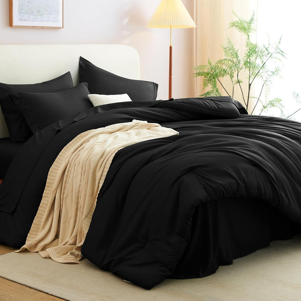 Cozylux Queen Comforter Set Black, 7 Pieces Bed in a Bag Soft Bedding Comforter Set with Sheets, All Season Boho 7PC Bed Sets with Comforter, Fitted Sheets, Flat Sheets, Pillow Shams and Pillowcases