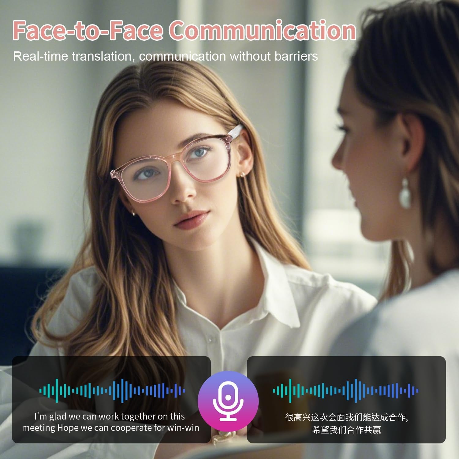 AI Smart Glasses for Women Men, Clear Frame Blue Light Glasses, Real-Time Translation（160+Languages), Photo Translation, No Subscription, Bluetooth 6.0 AI Translation Glasses for Business Travel-Pink