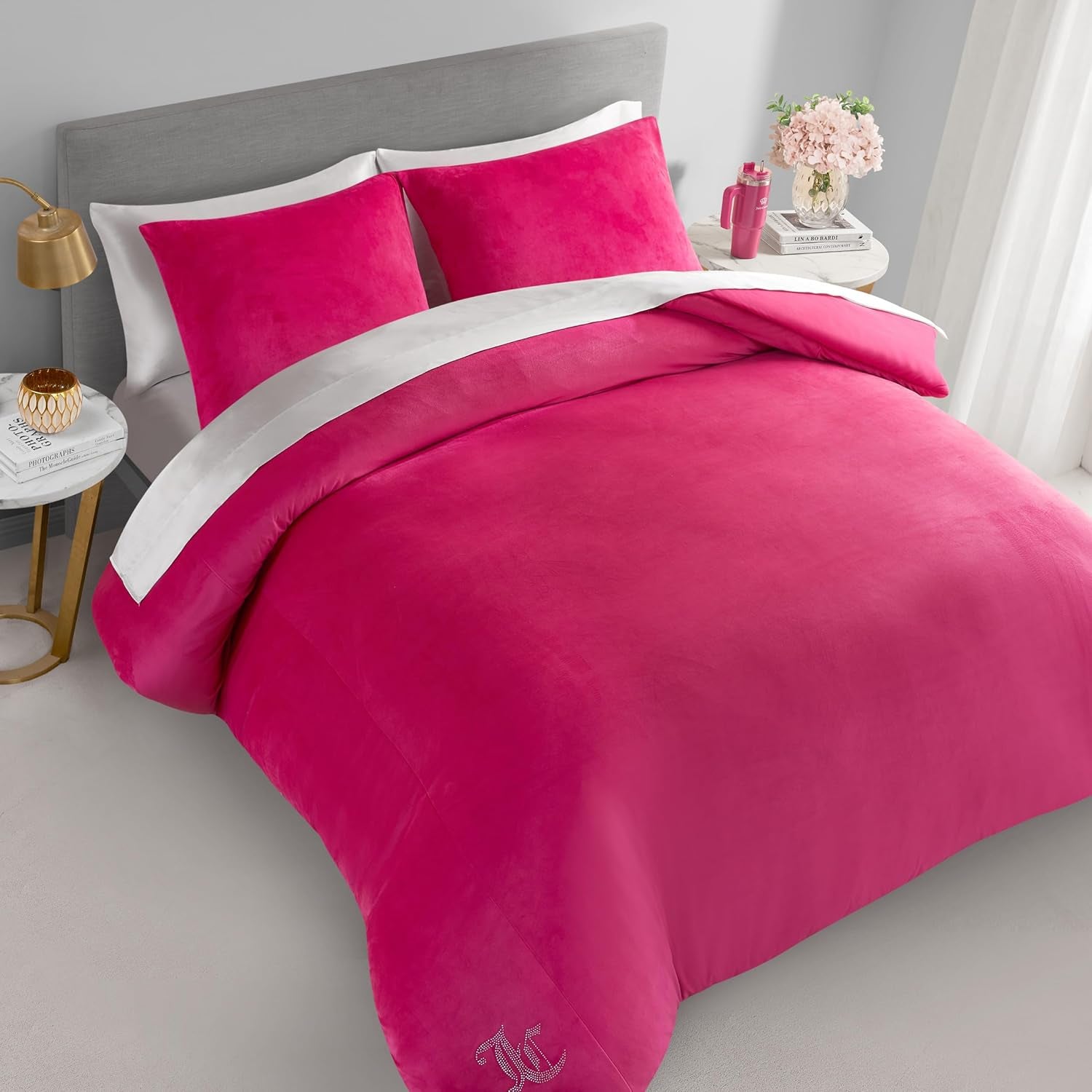 Juicy Couture Hot Pink Velour Full/Queen Comforter Set - 3 Piece Luxury Bedding Ensemble