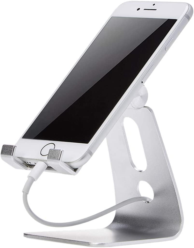 Adjustable Aluminum Phone Stand for Cell Phones, Iphone and Android, Desktop Phone Holder with Adjustable Angle, Hands-Free Viewing, 3.15 X 2.87 X 3.74 Inch, Silver