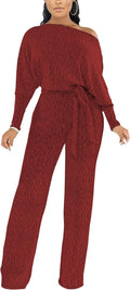 Zonjie Sexy Sparkly Sequin Jumpsuits for Women Elegant plus Size off Shoulder Long Sleeves Wide Leg Pants Clubwear Rompers,Wine Red