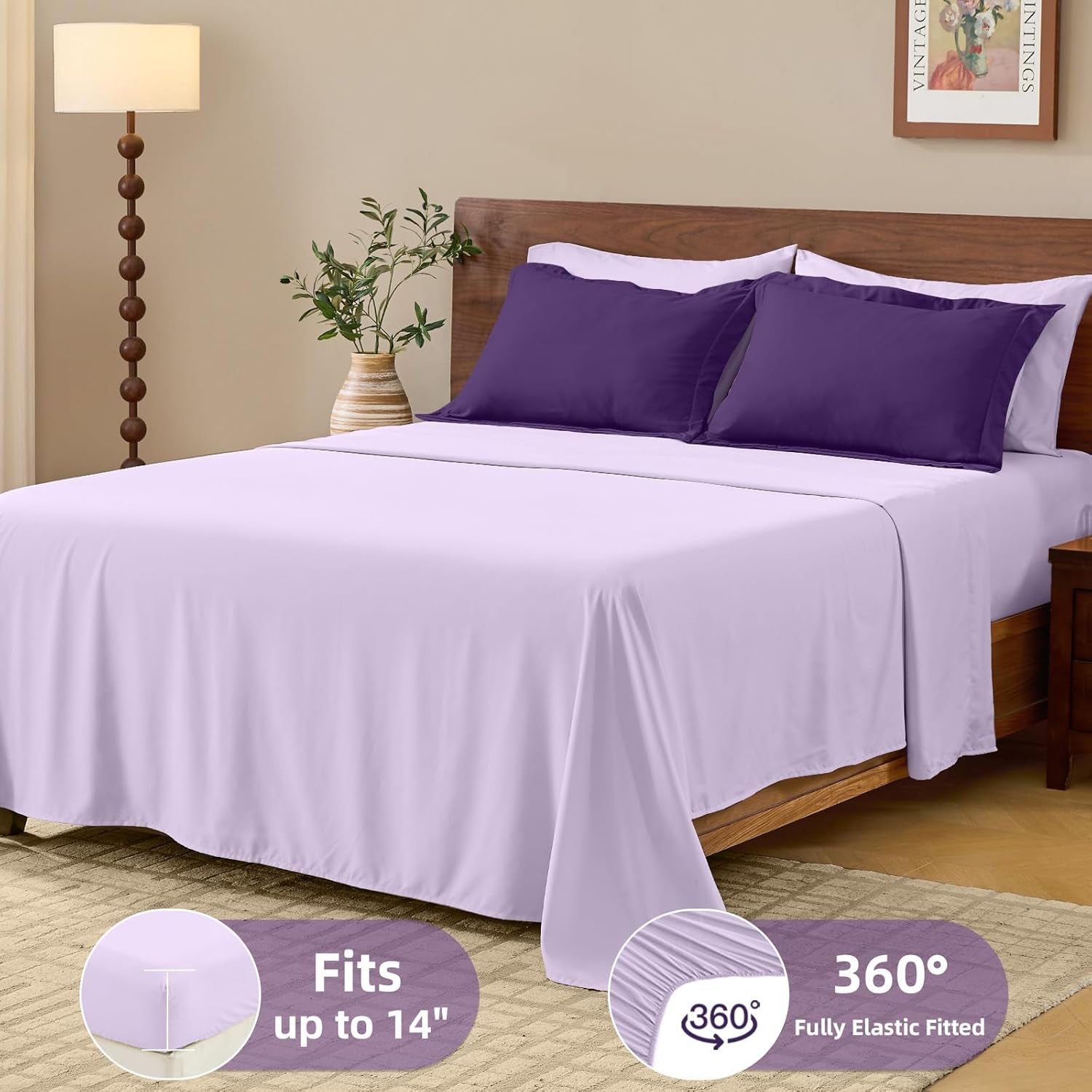 FUANNA Queen Size Comforter Set 7 PCS, Reversible Bed in a Bag Queen with All Season Soft Comforter, Bedding Set Includes Comforter, Flat Sheet, Fitted Sheet, Pillowcases & Shams, Deep Purple/Lavender