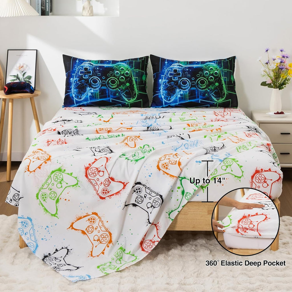 A Nice Night 5Pcs Gaming Comforter Set,Blue Green 3D Game Contoller Themed Keyboard Printing Bedding Sets for Kids Teen Boys, Reversible Comforter for All Seasons,Twin