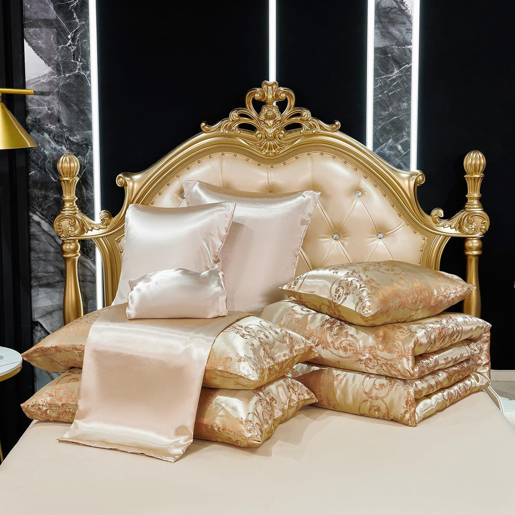 Queen Size 8-Piece Jacquard Comforter Set with Satin Sheets Set – Elegant Coordinated Bedding Collection for Bedroom