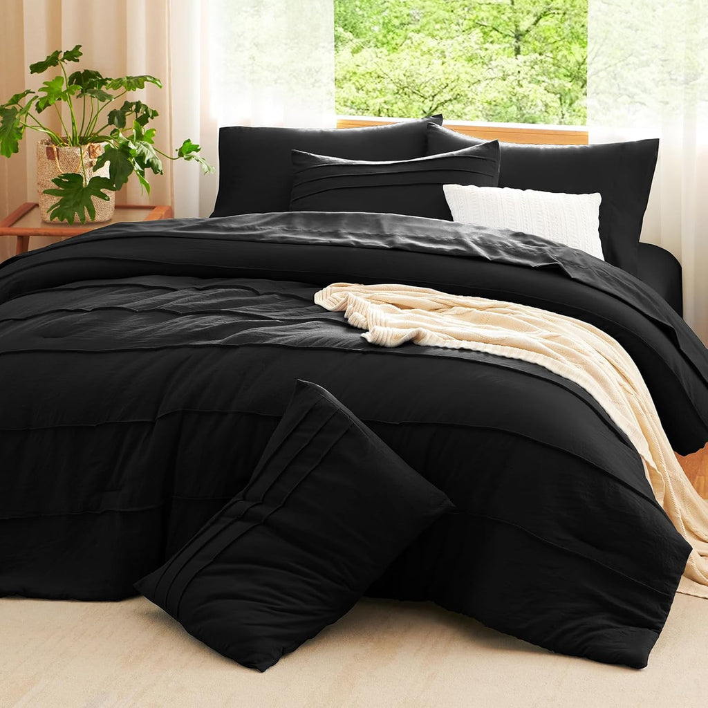 Cozylux Queen Comforter Set Black, 7 Pieces Soft Pinch Pleat Bed in a Bag Queen Comforter Set with Sheets, Boho Bed Set with down Alternative Comforter, Sheets, Pillowcases & Shams