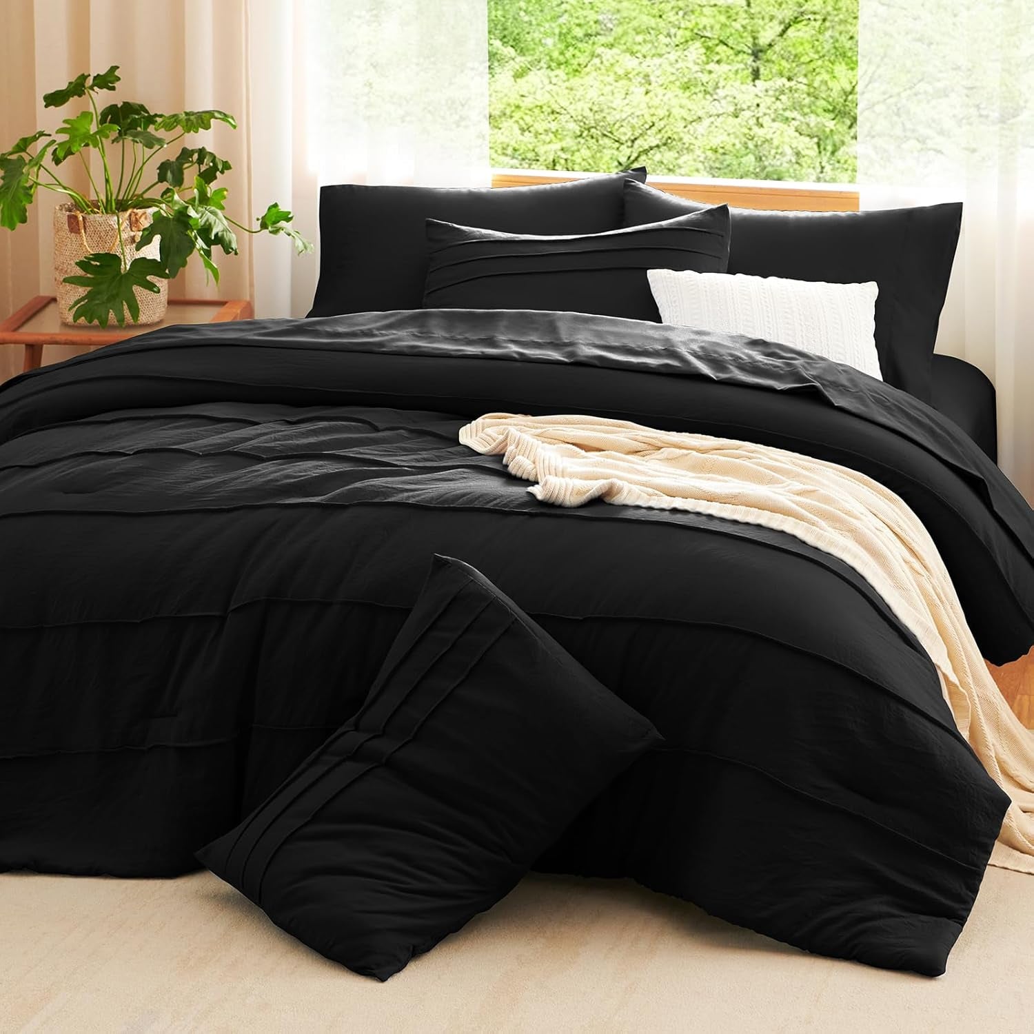 Cozylux Queen Comforter Set Black, 7 Pieces Soft Pinch Pleat Bed in a Bag Queen Comforter Set with Sheets, Boho Bed Set with down Alternative Comforter, Sheets, Pillowcases & Shams
