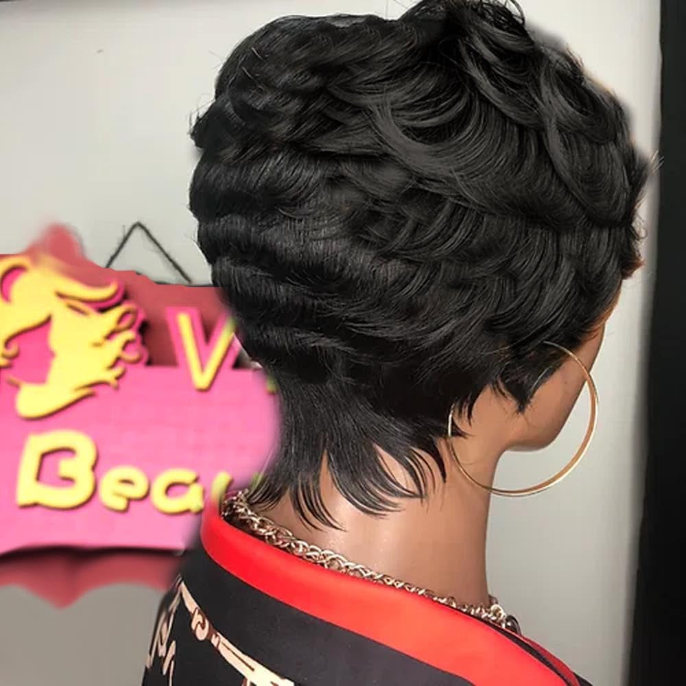VRZ Short Curly Pixie Cut Wig - Human Hair Glueless Wig for Black Women - Natural Curly Color 1B