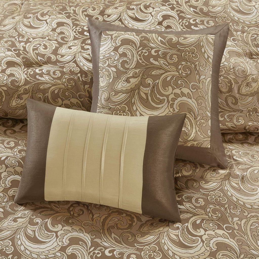 Madison Park Essentials Brystol 24 Piece Room in a Bag Faux Silk Comforter Jacquard Paisley Design Matching Curtains down Alternative Hypoallergenic All Season Bedding-Set, Queen(90"X90"), Brown