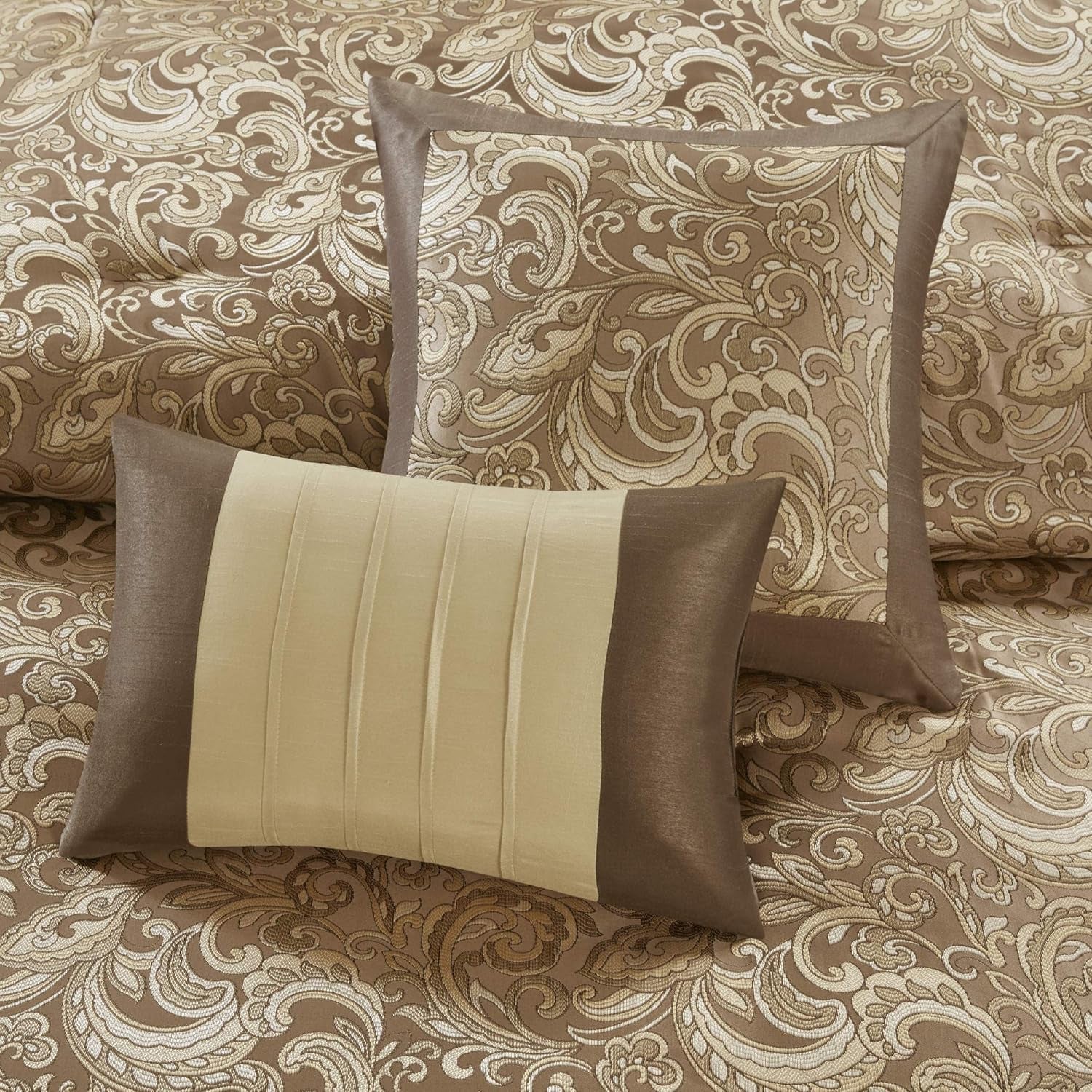 Madison Park Essentials Brystol 24 Piece Room in a Bag Faux Silk Comforter Jacquard Paisley Design Matching Curtains down Alternative Hypoallergenic All Season Bedding-Set, Queen(90"X90"), Brown