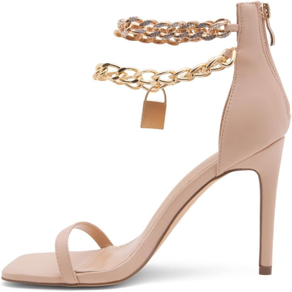 Shoe Land Charming2 Women'S Rhinestone Heels, Square Open Toe High Stilettos with Spiral Ankle Wrap Strap – Coil Spiral High Heeled Crystal Dress Sandals for Party, Nude,Size 11.0