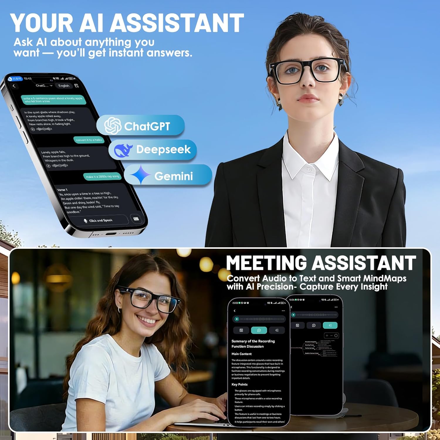 AI Smart Glasses for Men & Women – Powered by Chatgpt, 164+ Languages Translation and Photochromic Lens, Meeting Assistant, Bluetooth Glasses W/ Music & Hands-Free Calling, UV & Blue Light Protection