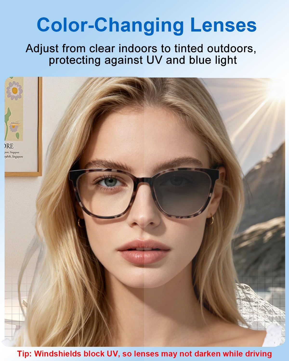 Ai Smart Glasses Men Women with Real-Time Translation, Color-Change Lens, Music & Calls W/Bluetooth 5.4, Al Vioce & Meeting Assistant, Lightweight & Comfortable, Thin Temples (Tortoiseshell)
