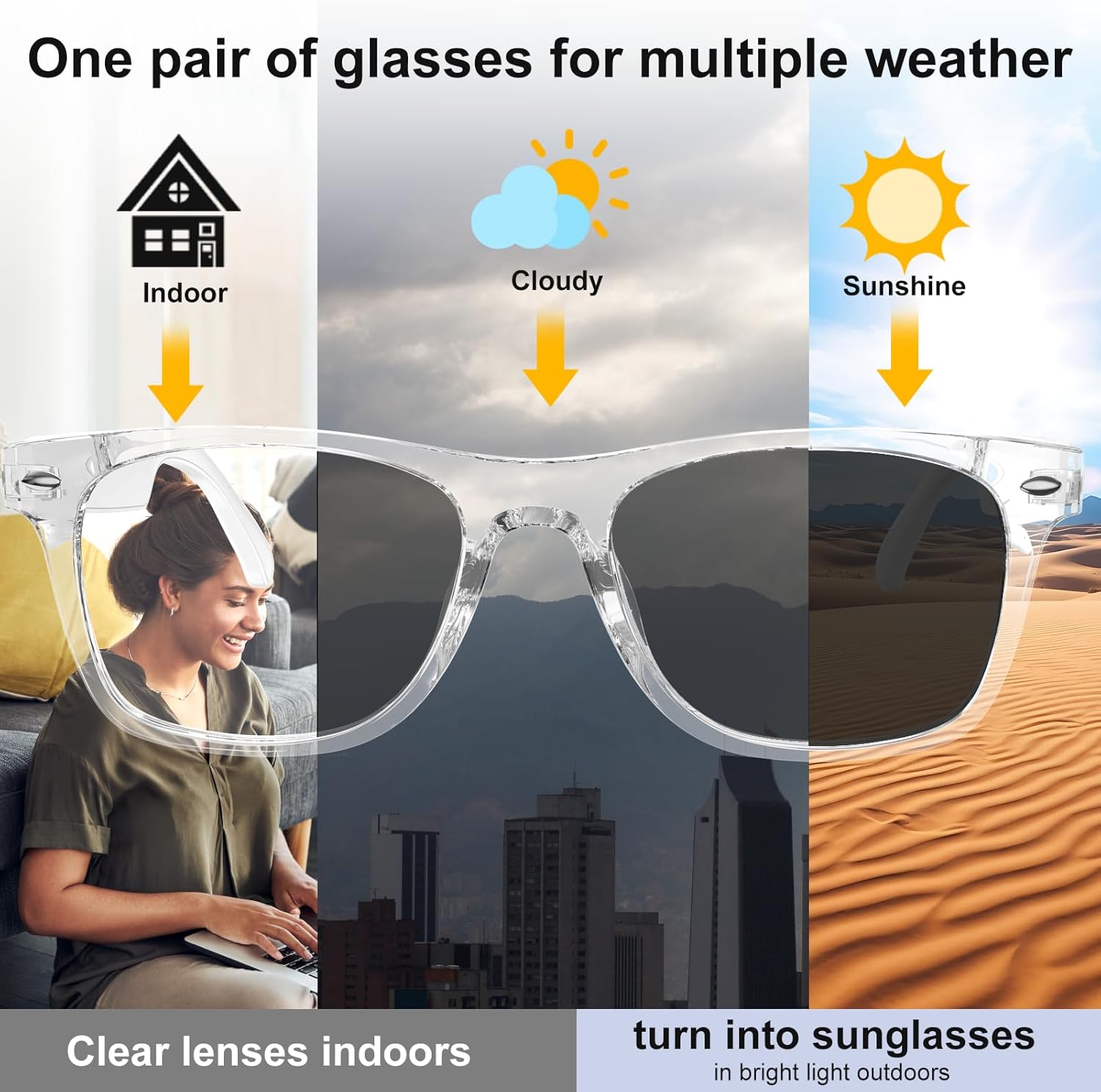 AI Smart Glasses for Women & Men with Chatgpt, Bluetooth Glasses with 165 Languages Translation, Color-Change Lens, Meeting Analysis, Music Playback, Hands-Free Calls, UV & Blue Light Protection