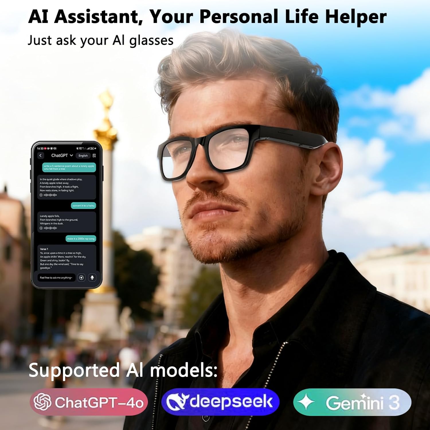 AI Smart Glasses for Men Women - 164 Languages Translation, Color-Change Lens W/Uv & Blue Light Protection, Music &Calls W/Bluetooth 5.4, Al Vioce &Meeting Assistant, Black