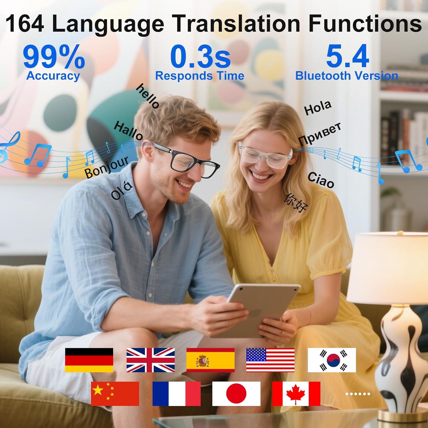 AI Smart Glasses for Women & Men with Chatgpt, Bluetooth Glasses with 165 Languages Translation, Color-Change Lens, Meeting Analysis, Music Playback, Hands-Free Calls, UV & Blue Light Protection