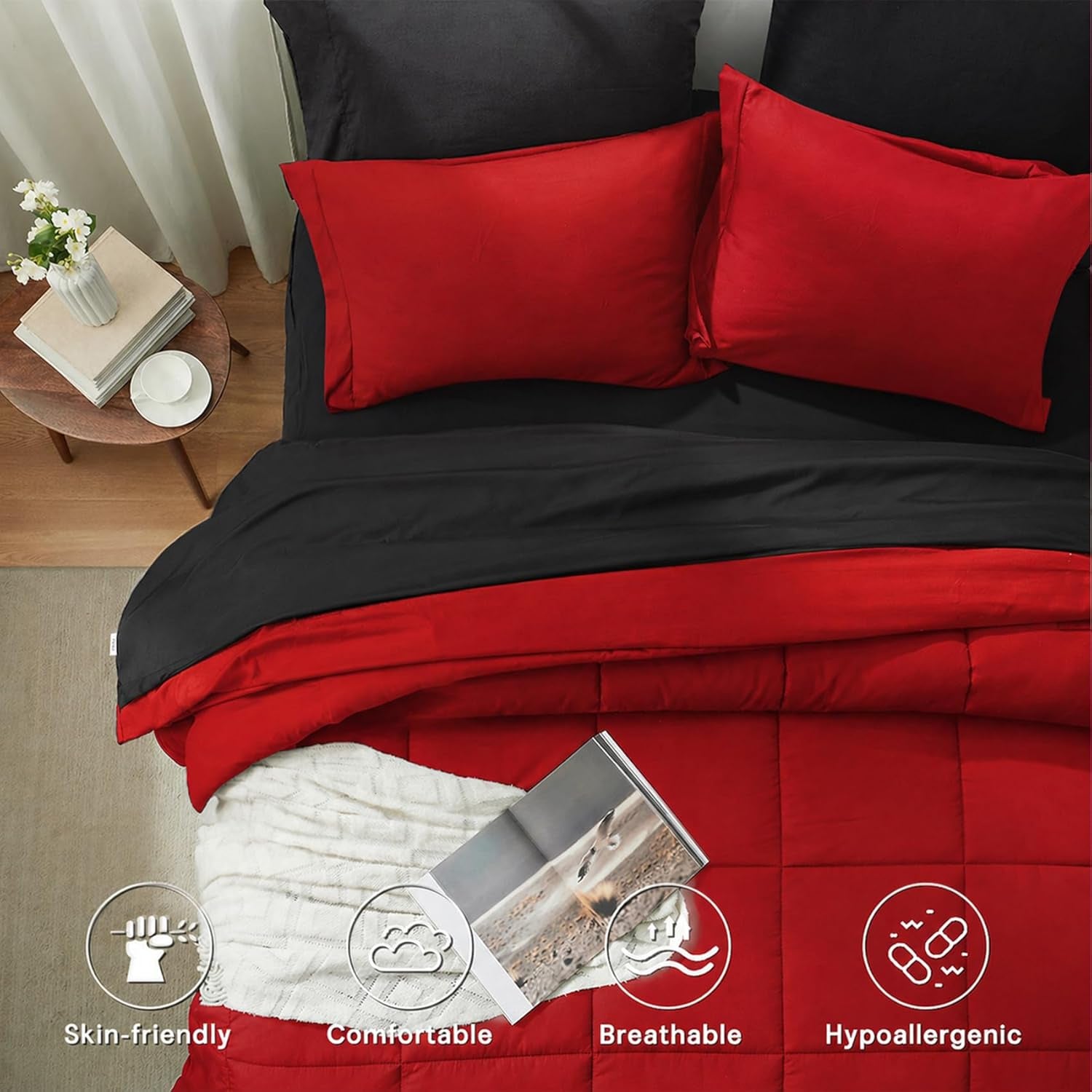 Anluoer King Size Comforter Set 7 Pieces, Reversible Bed in a Bag King Size,Lightweight Bedding Set with Comforter(102"X90"), 2 Pillow Shams, 2 Pillowcases, 1 Flat Sheet, 1 Fitted Sheet,Red & Black