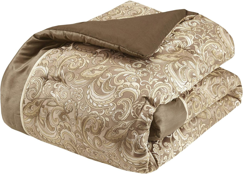 Madison Park Essentials Brystol 24 Piece Room in a Bag Faux Silk Comforter Jacquard Paisley Design Matching Curtains down Alternative Hypoallergenic All Season Bedding-Set, Queen(90"X90"), Brown