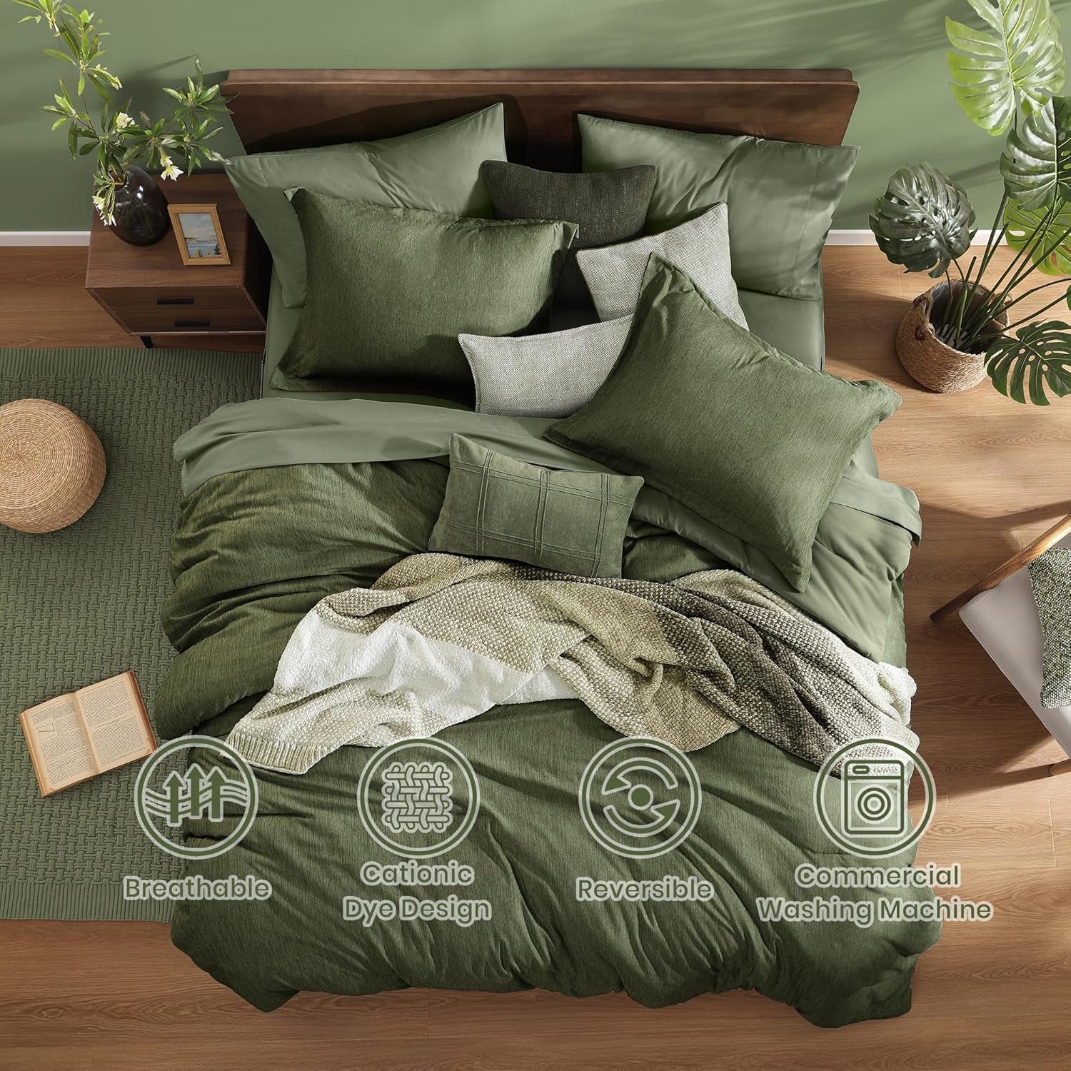 Monbix King Size Comforter Set, Olive Green King Bed Set Reversible, King Size Comforter Set 7 Pieces, Cationic Dyeing Bed in a Bag with Comforter, Sheets, Pillowcases & Shams