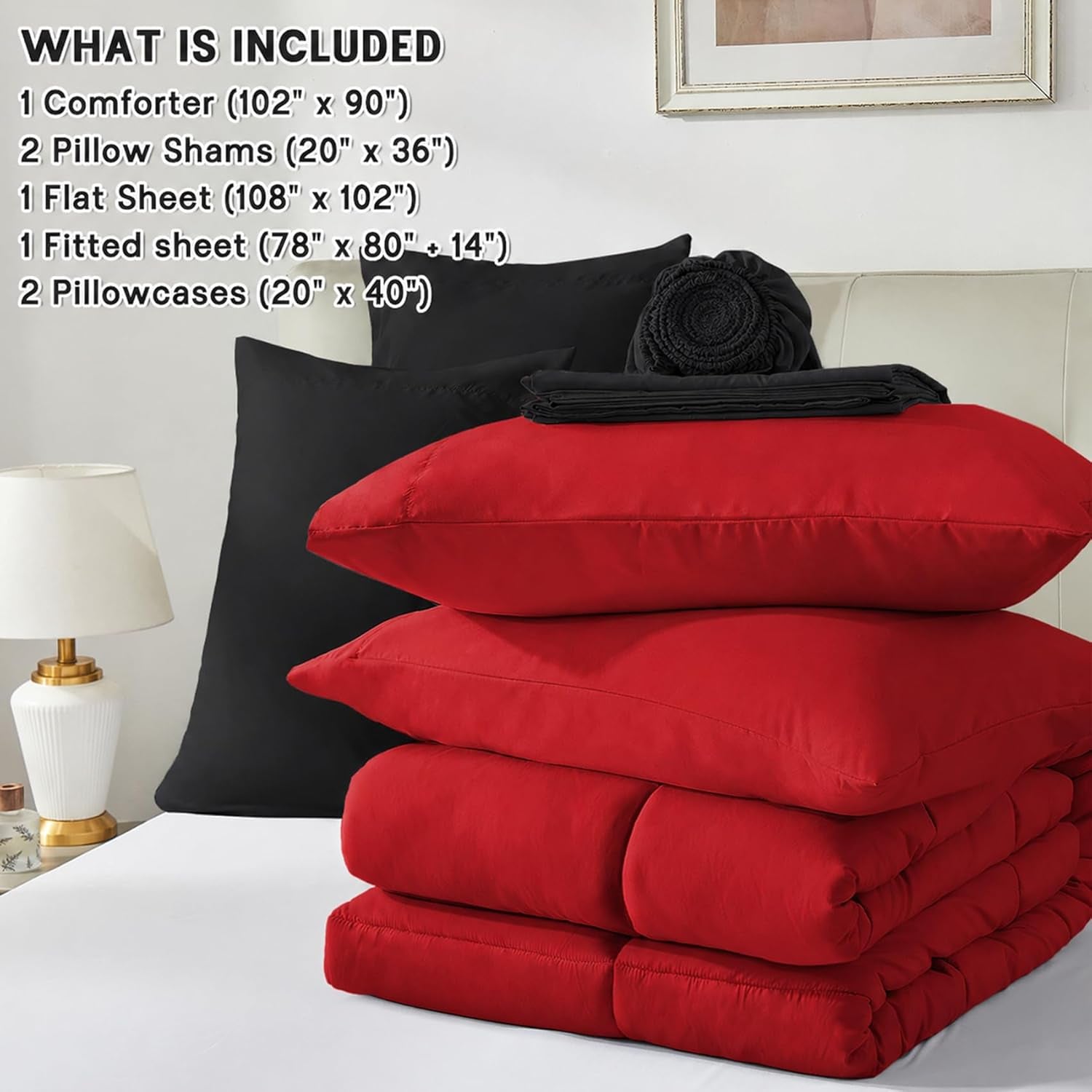 Anluoer King Size Comforter Set 7 Pieces, Reversible Bed in a Bag King Size,Lightweight Bedding Set with Comforter(102"X90"), 2 Pillow Shams, 2 Pillowcases, 1 Flat Sheet, 1 Fitted Sheet,Red & Black