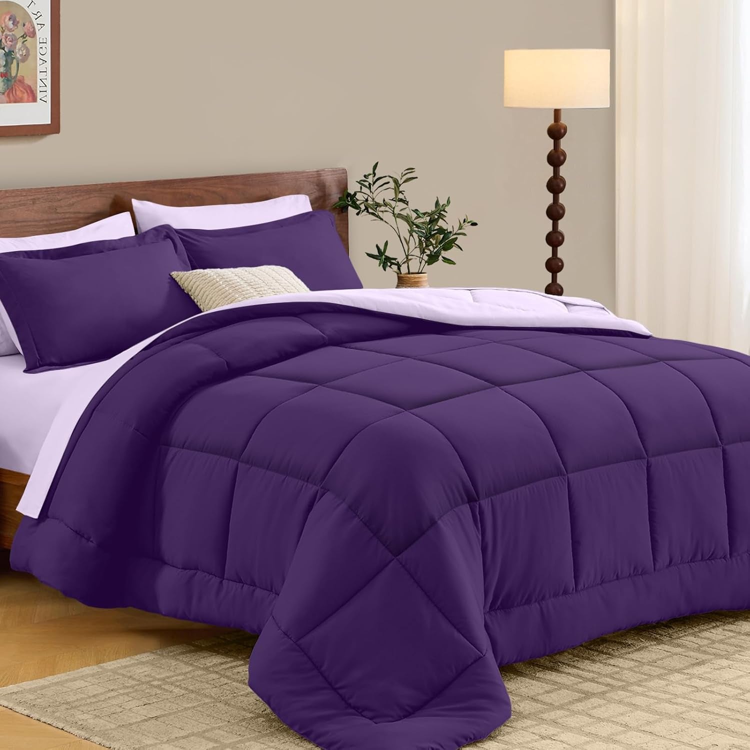 FUANNA Queen Size Comforter Set 7 PCS, Reversible Bed in a Bag Queen with All Season Soft Comforter, Bedding Set Includes Comforter, Flat Sheet, Fitted Sheet, Pillowcases & Shams, Deep Purple/Lavender