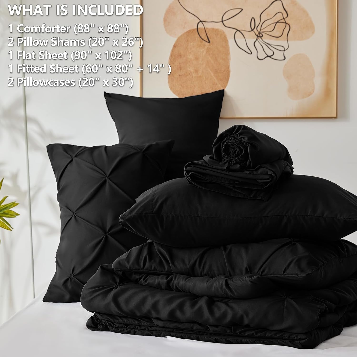 Pintuck Bed in a Bag, 7 Pieces Queen Size Comforter Set Black, Luxury Pinch Pleat Bed in a Bag, Soft All Season Bedding Sets with Comforter, Flat Sheet, Fitted Sheet and Pillowcases & Shams