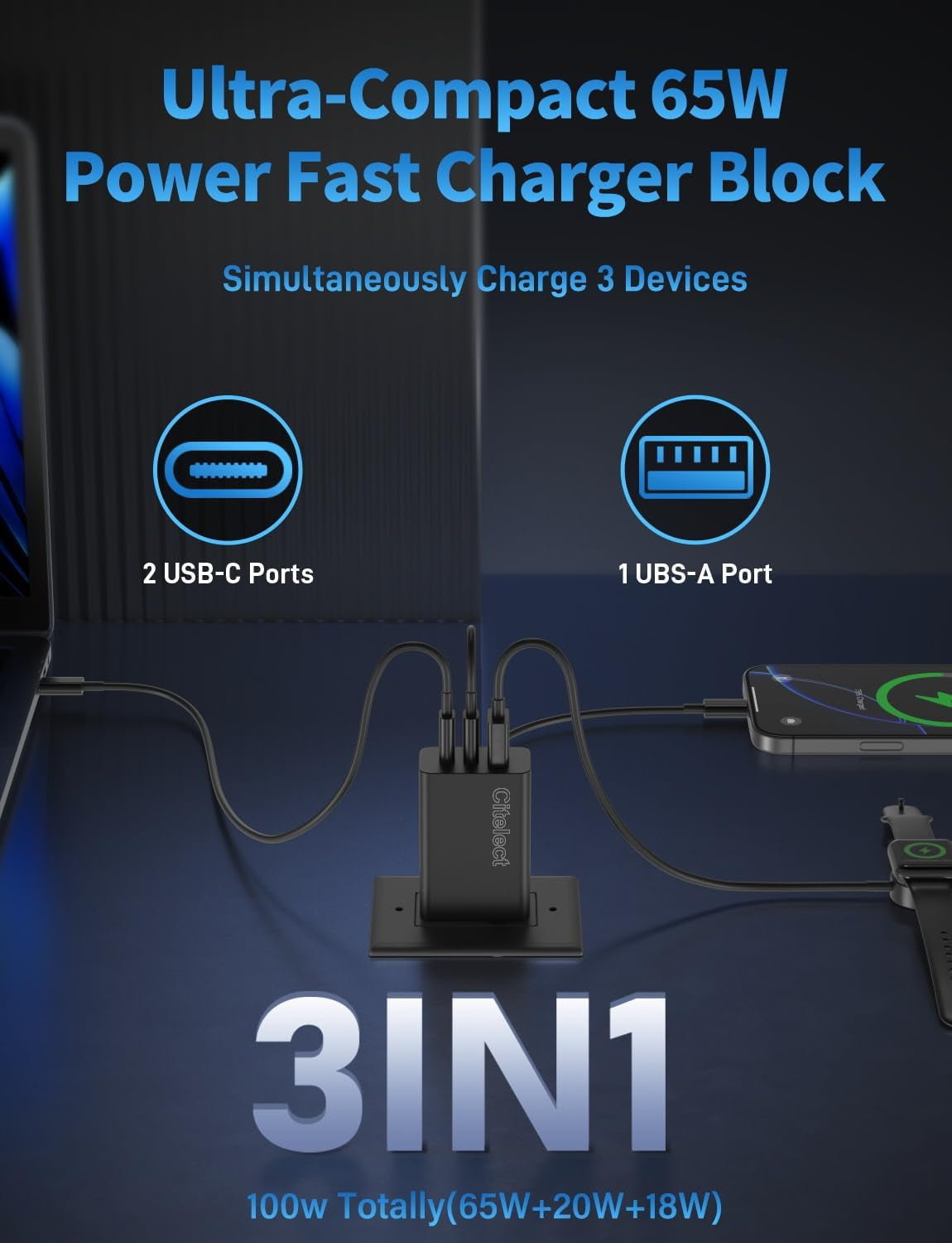 2Pack 65W USB C Charger Block, 3Port Fast Charging Adapter, Type C Fast Charging Blocks Cube PD USBC Wall Plug+Qc3.0 USB a Charger Brick for Macbook Pro/Air,Ipad,Iphone 17/16,Samsungs26/S25&More-Black