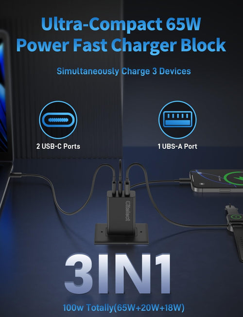 2Pack 65W USB C Charger Block, 3Port Fast Charging Adapter, Type C Fast Charging Blocks Cube PD USBC Wall Plug+Qc3.0 USB a Charger Brick for Macbook Pro/Air,Ipad,Iphone 17/16,Samsungs26/S25&More-Black