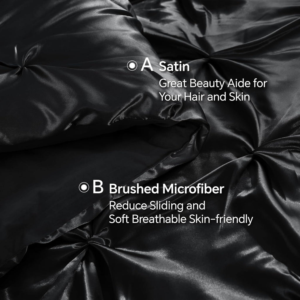 BEDELITE Satin Comforter Set Queen Size, 7 Pieces Pintuck Bed in a Bag with Comforter, Flat Sheet, Fitted Sheet, Pillowcases, Shams, Soft Cozy Similar to Silk Bed Set for All Seasons (Black)