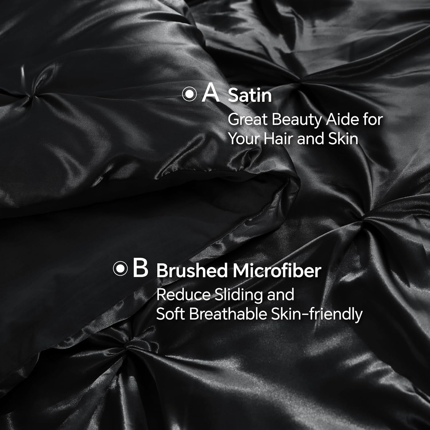 BEDELITE Satin Comforter Set Queen Size, 7 Pieces Pintuck Bed in a Bag with Comforter, Flat Sheet, Fitted Sheet, Pillowcases, Shams, Soft Cozy Similar to Silk Bed Set for All Seasons (Black)