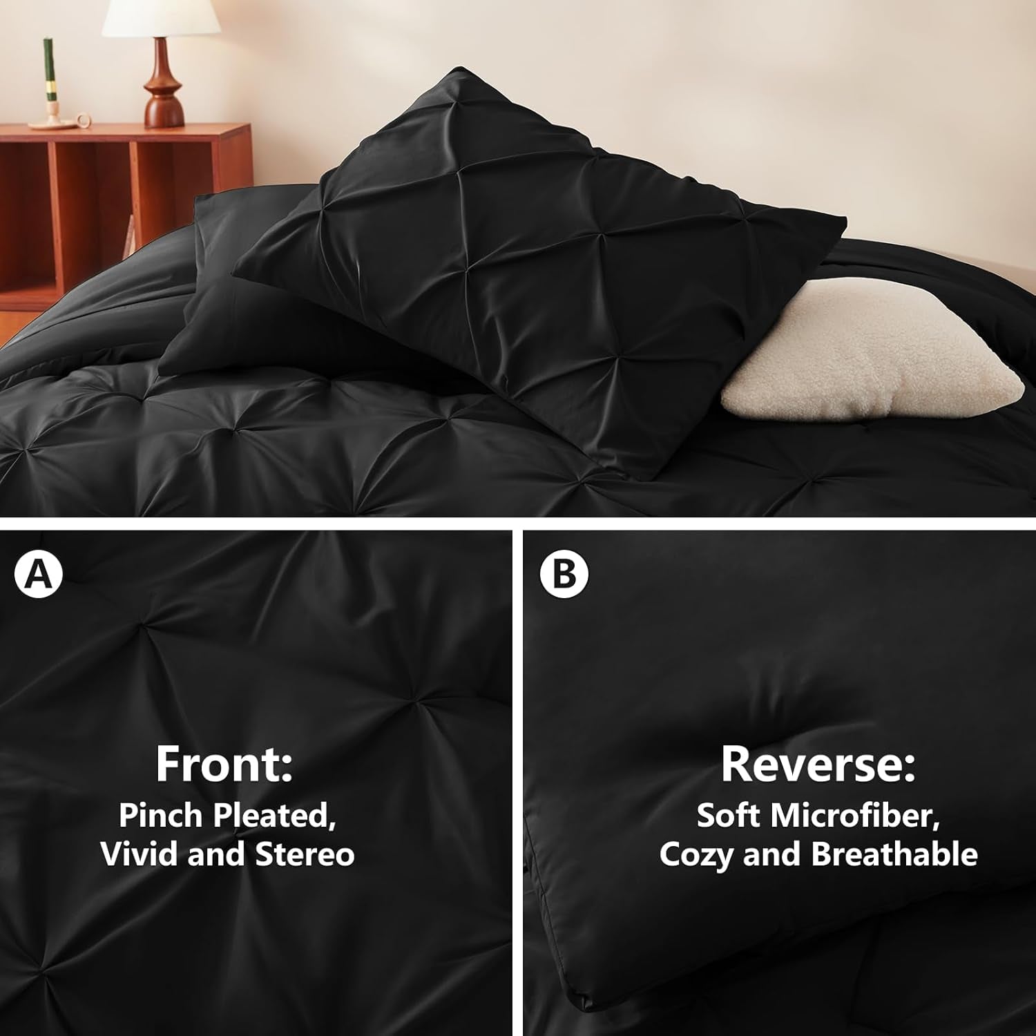 Pintuck Bed in a Bag, 7 Pieces King Size Comforter Set Black, Luxury Pinch Pleat Bed in a Bag, Soft All Season Bedding Sets with Comforter, Flat Sheet, Fitted Sheet and Pillowcases & Shams