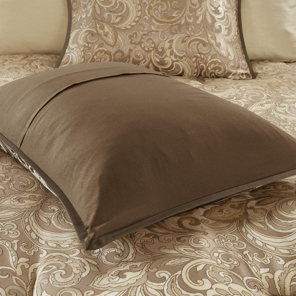 Madison Park Essentials Brystol 24 Piece Room in a Bag Faux Silk Comforter Jacquard Paisley Design Matching Curtains down Alternative Hypoallergenic All Season Bedding-Set, Queen(90"X90"), Brown