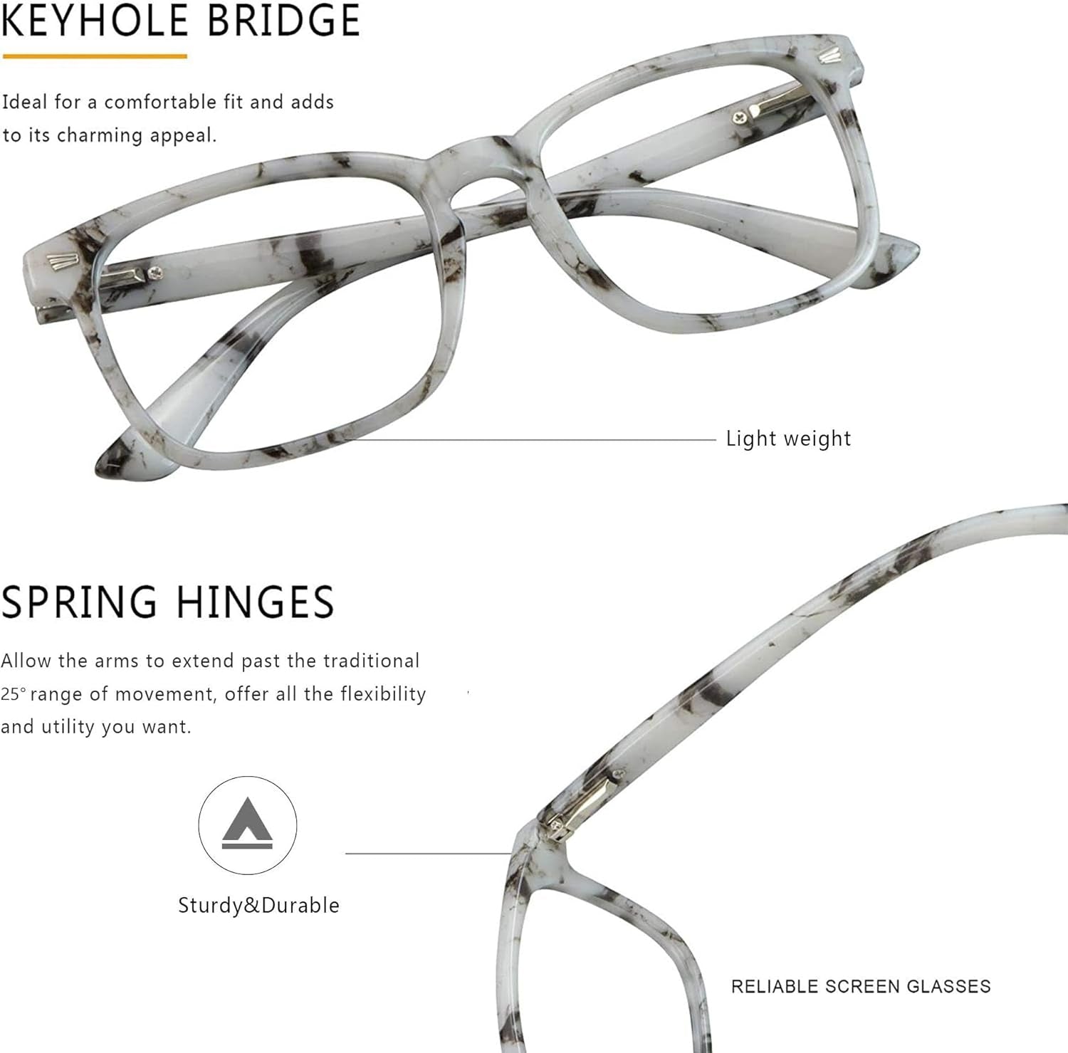 Vintage Square Progressive Multifocal Presbyopic Glasses, Blue Light Blocking Glasses for Men Women Readers (Marble, +0.00/+2.00 Magnification)