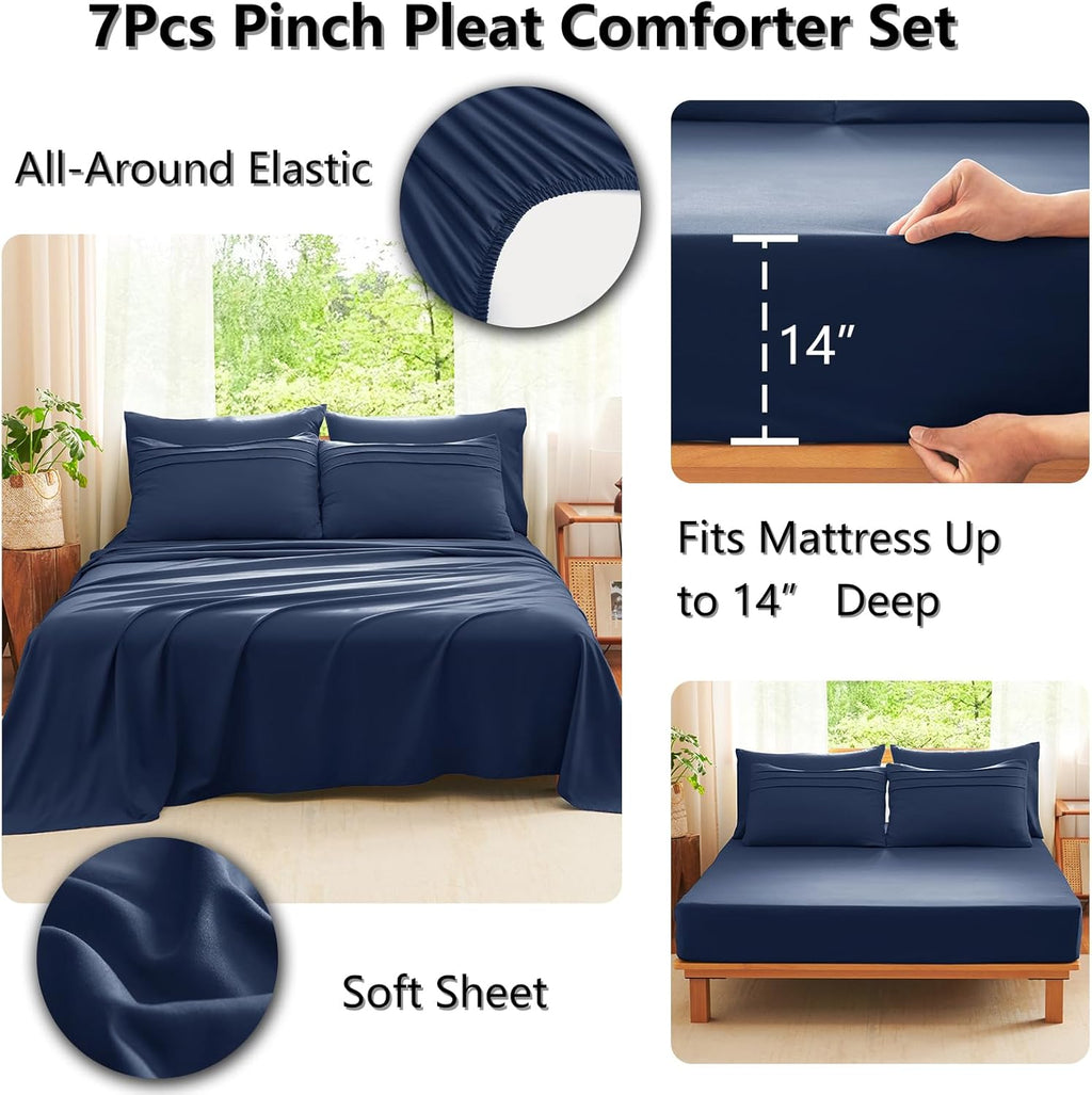 Cozylux Queen Comforter Set Navy Blue, 7 Pieces Soft Pinch Pleat Bed in a Bag Queen Comforter Set with Sheets, Boho Bed Set with down Alternative Comforter, Sheets, Pillowcases & Shams