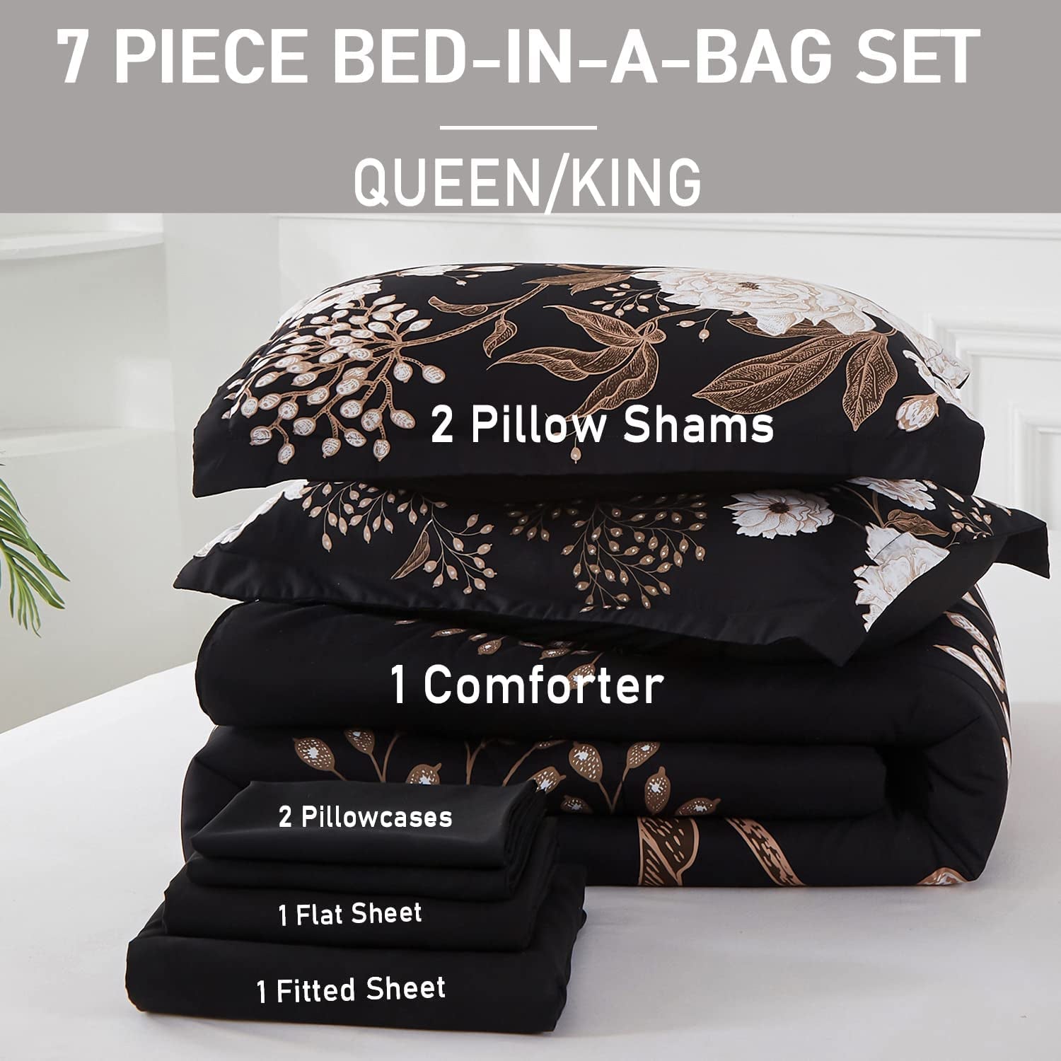 Yogeneg 7 Piece Bed in a Bag Queen Comforter Set Botanical Floral Bedding Set,White Flowers Leaves Printed on Black Reversible Design,Soft Microfiber Comforter with Sheet Set,All Season