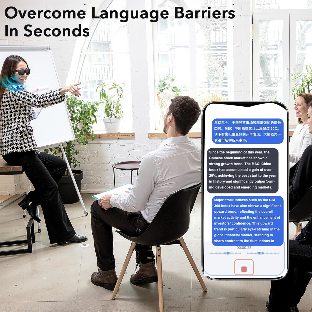AI Smart Glasses, AI Dialogue Voice Wake-Up, 115 Language Translation, Simultaneous Interpretation, On-Site Recording Translation, Use Mobile App Audio and Video Translation, Conference Translation
