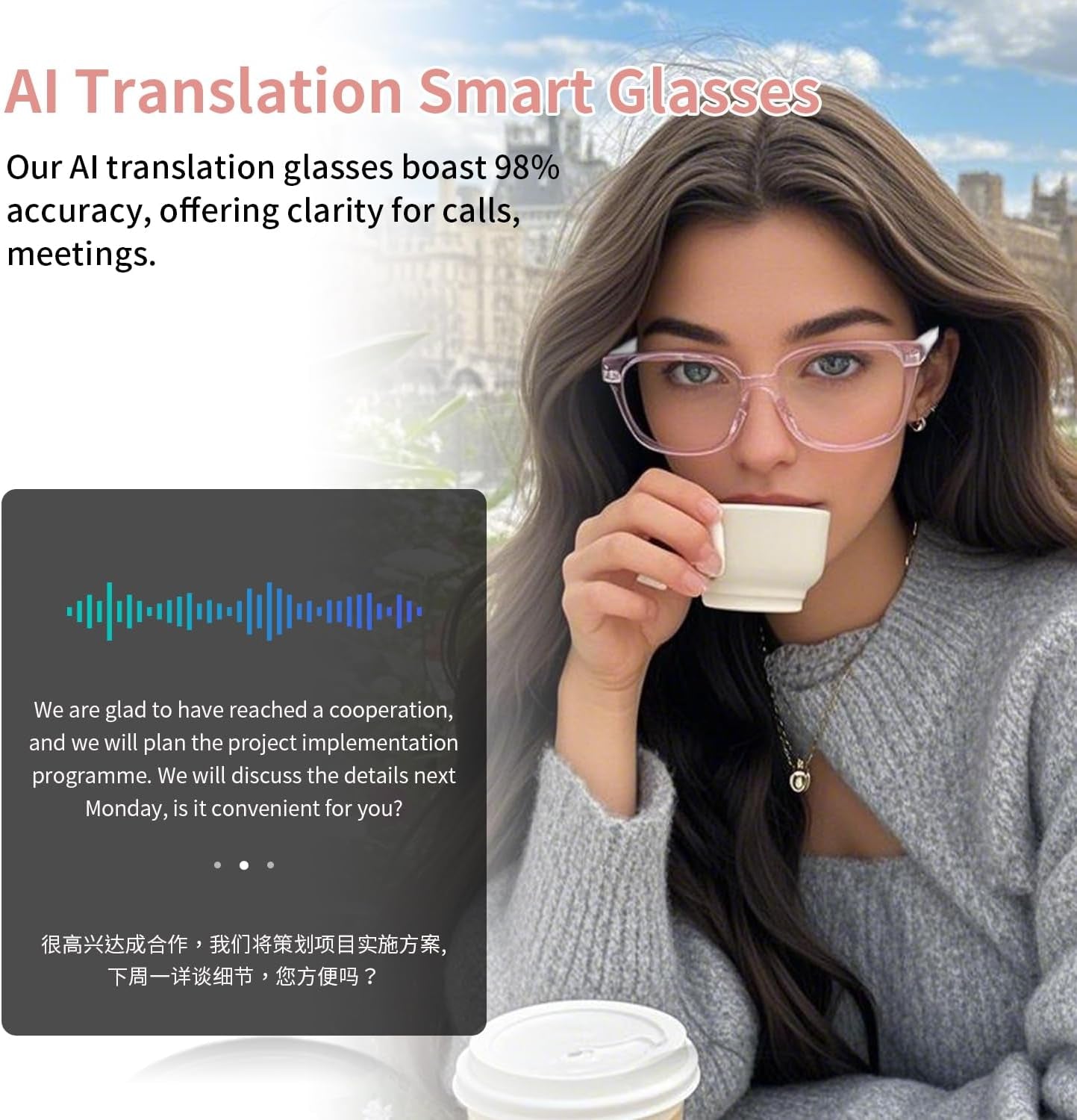 AI Smart Glasses for Women Men, Clear Frame Blue Light Glasses, Real-Time Translation（160+Languages), Photo Translation, No Subscription, Bluetooth 6.0 AI Translation Glasses for Business Travel-Pink