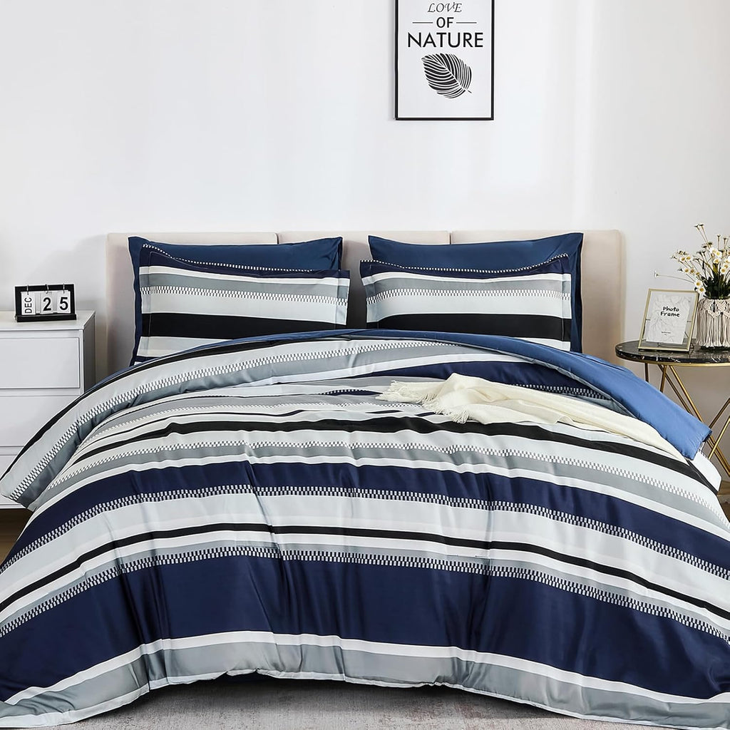 WONGS BEDDING Queen Comforter Set, 7 Pieces Navy Blue Comforter Set Queen Size, Soft Striped Bed in a Bag Bedding Set with Comforter, Flat Sheet, Fitted Sheet, Pillow Shams, Pillowcase