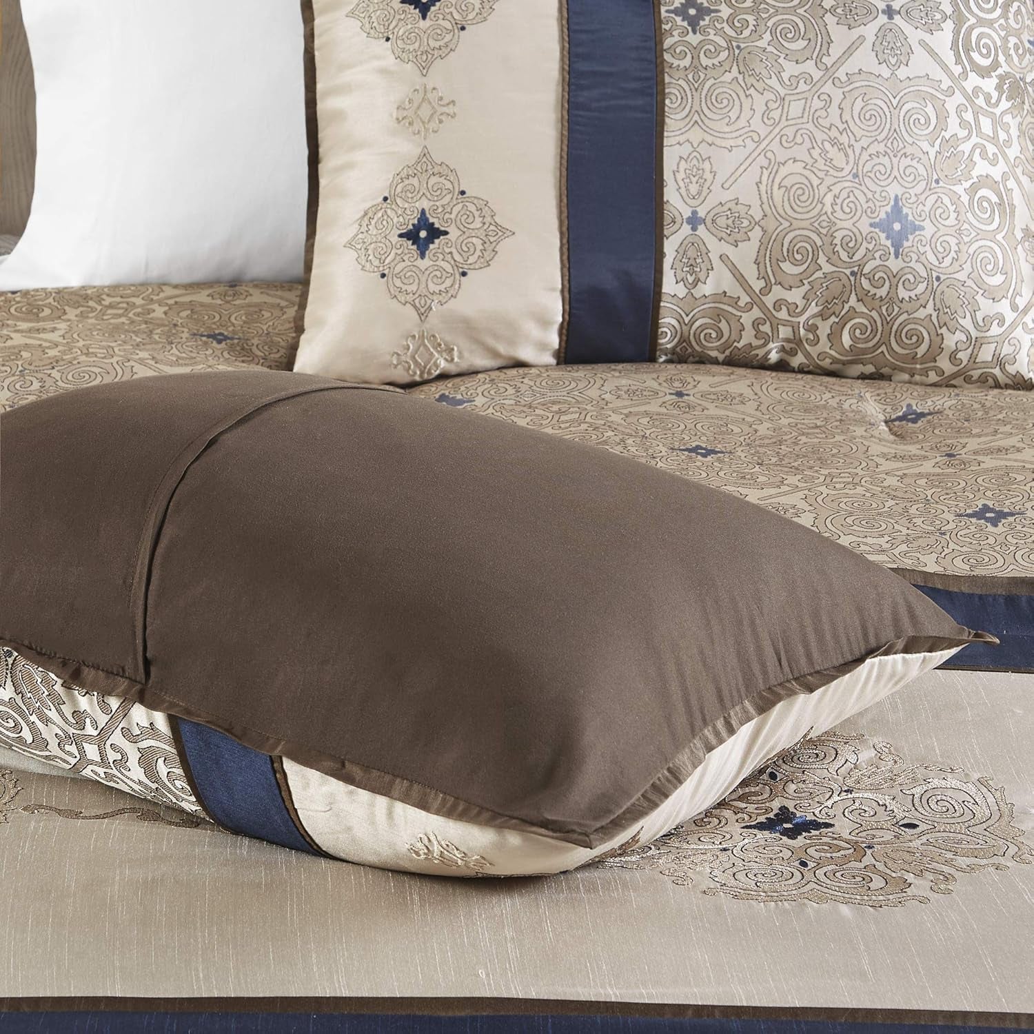 Madison Park Essentials Delaney 24-Piece Room in a Bag Comforter Set-Satin Jacquard All Season Luxury Bedding, Sheets, Decorative Pillows and Curtains, Valance, Queen (90 in X 90 In), Medallion Navy