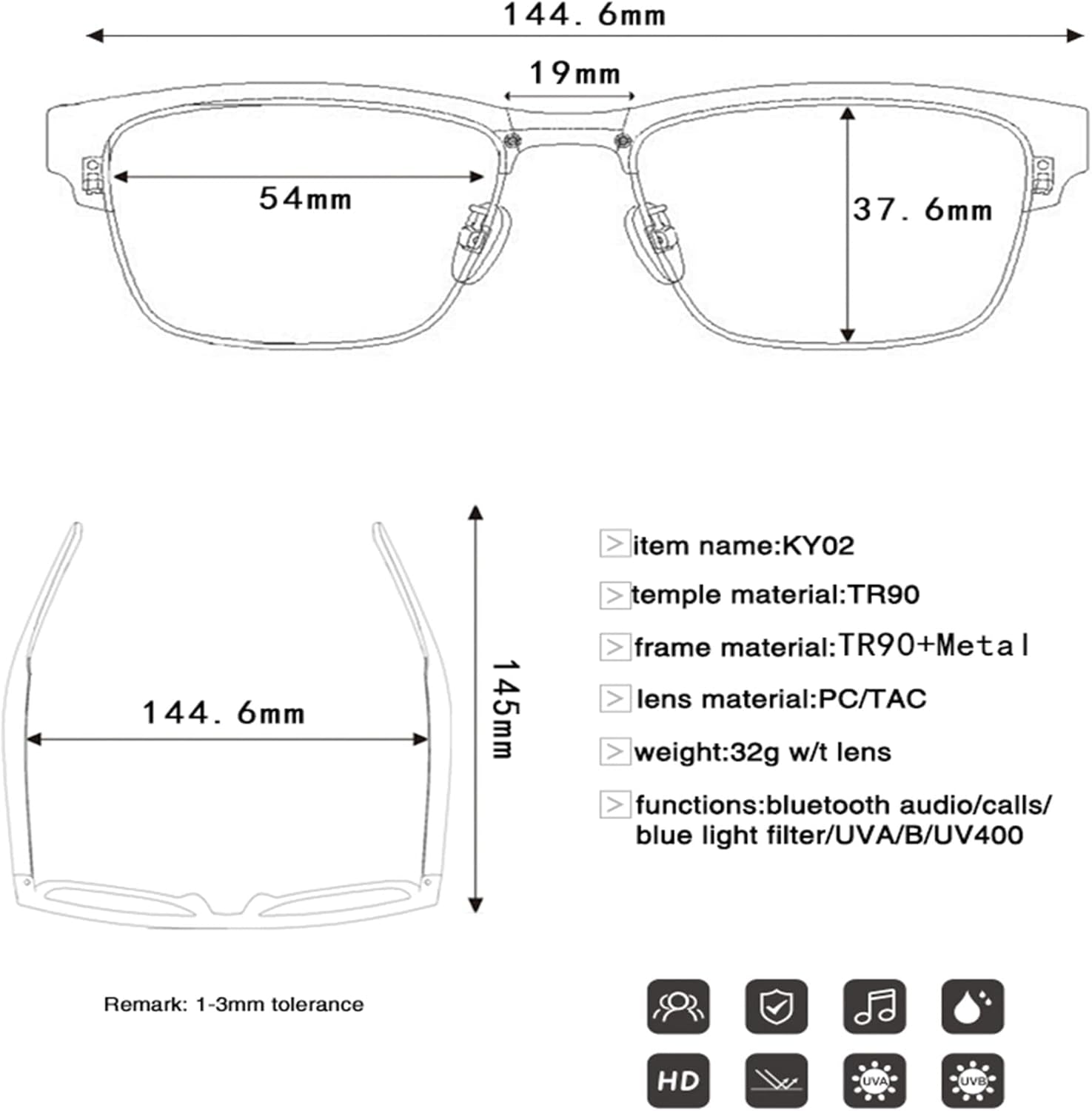 Bluetooth Glasses for Men,Smart Glasses,Bluetooth Sunglasses,Ip5 Water Resistant 6H Music Call for All Smart Devices-Blue Light Blocking (Sunlens-Gold)