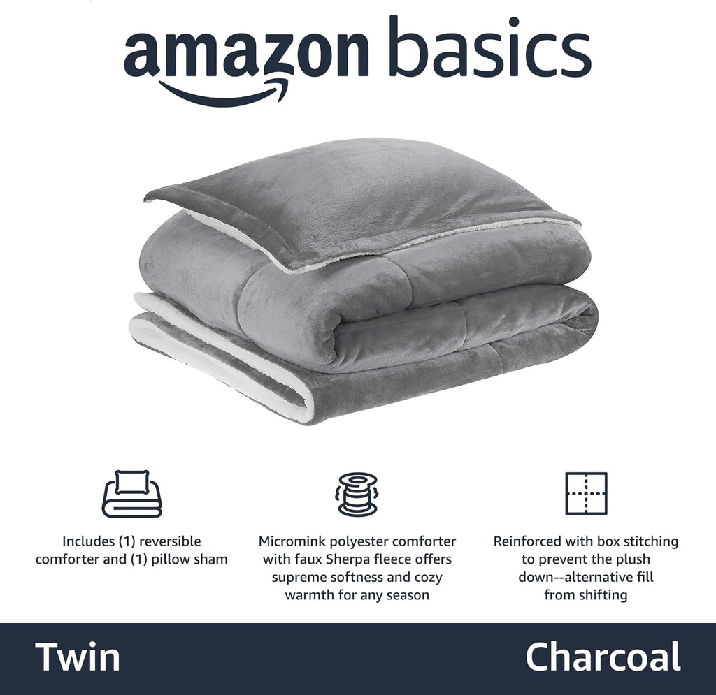 Amazon Basics 2-Piece Ultra-Soft Micromink Sherpa Warm All Season Comforter Bedding Set, Twin, Charcoal