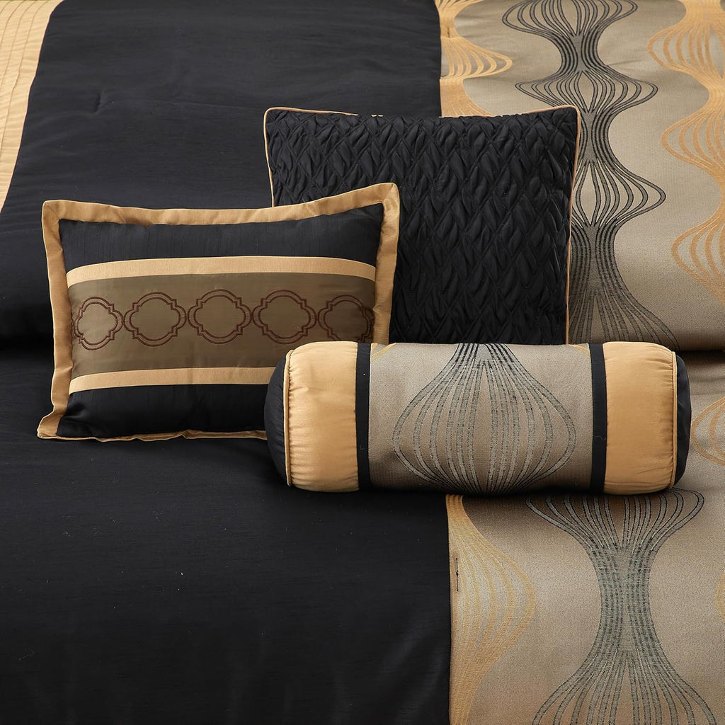 LANCO MODERN LIFESTYLE King Comforter Set, Black Gold, 7 Pieces Bed in a Bag, Ultra Soft Jacquard with Solid Piecework, Luxury Bed Set with Comforters, Bed Skirt, Pillow Shams and Decorative Pillows