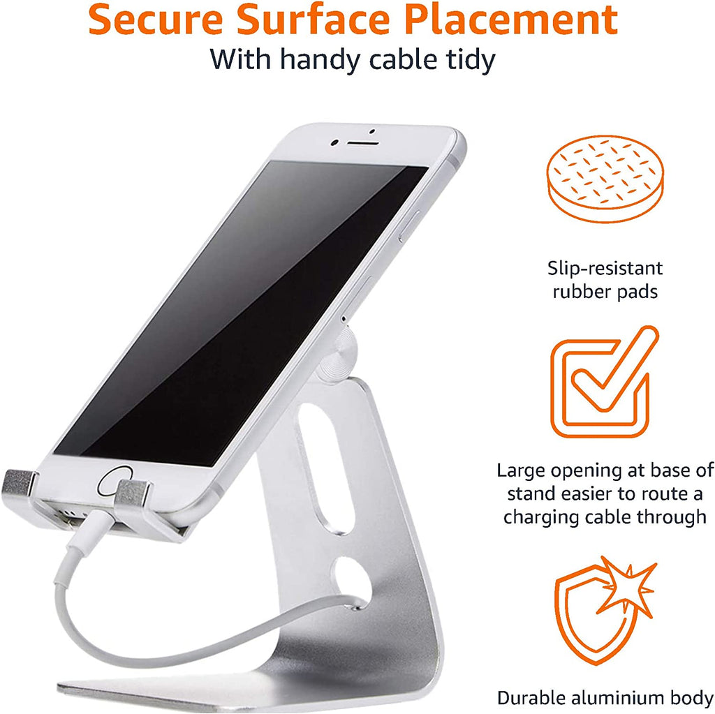 Adjustable Aluminum Phone Stand for Cell Phones, Iphone and Android, Desktop Phone Holder with Adjustable Angle, Hands-Free Viewing, 3.15 X 2.87 X 3.74 Inch, Silver
