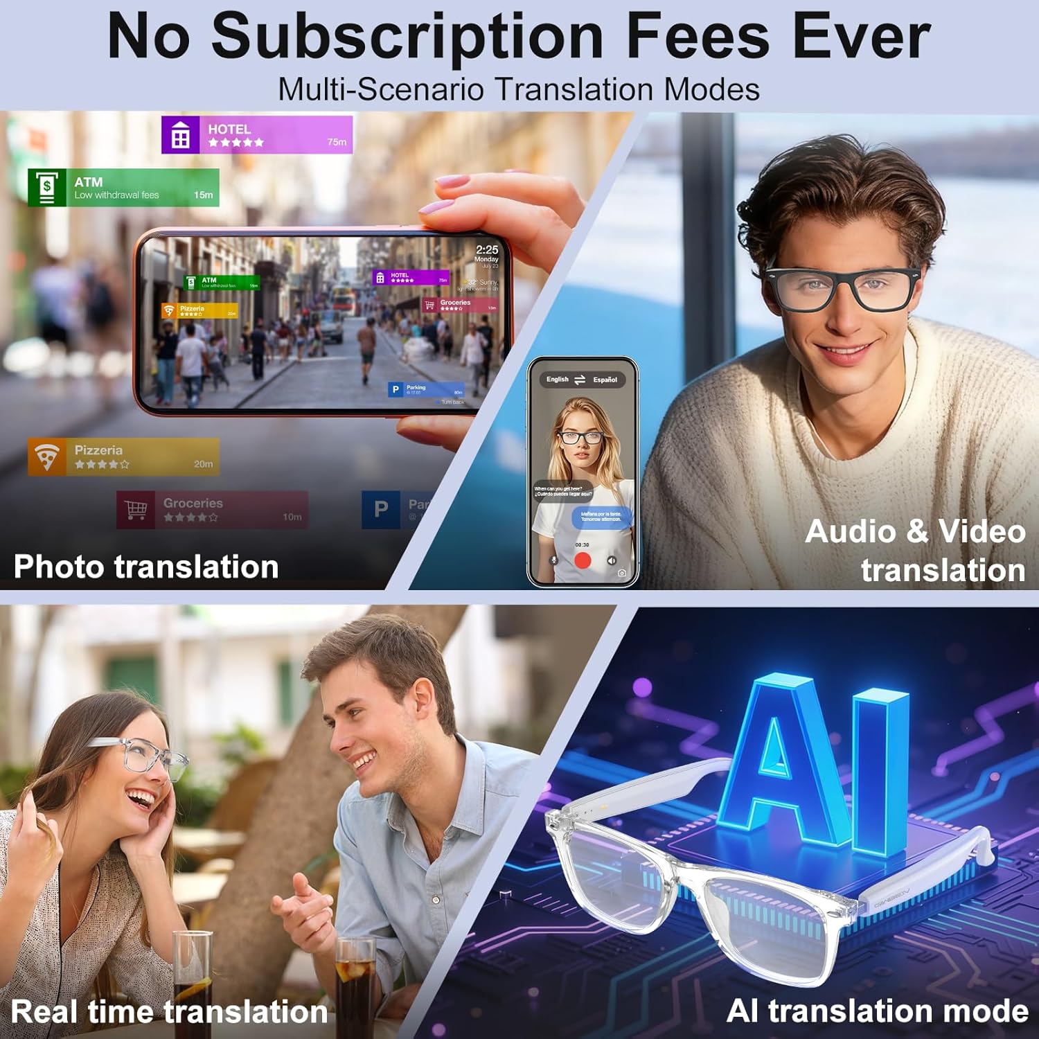 AI Smart Glasses for Women & Men with Chatgpt, Bluetooth Glasses with 165 Languages Translation, Color-Change Lens, Meeting Analysis, Music Playback, Hands-Free Calls, UV & Blue Light Protection