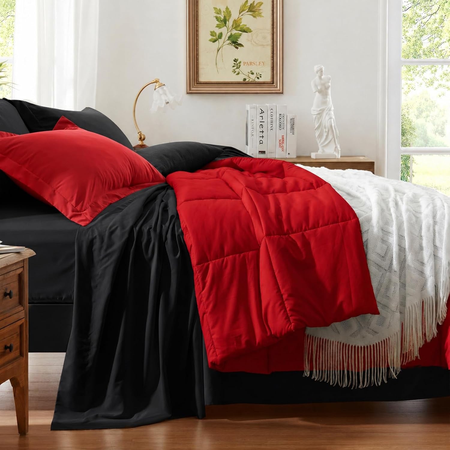 Anluoer King Size Comforter Set 7 Pieces, Reversible Bed in a Bag King Size,Lightweight Bedding Set with Comforter(102"X90"), 2 Pillow Shams, 2 Pillowcases, 1 Flat Sheet, 1 Fitted Sheet,Red & Black