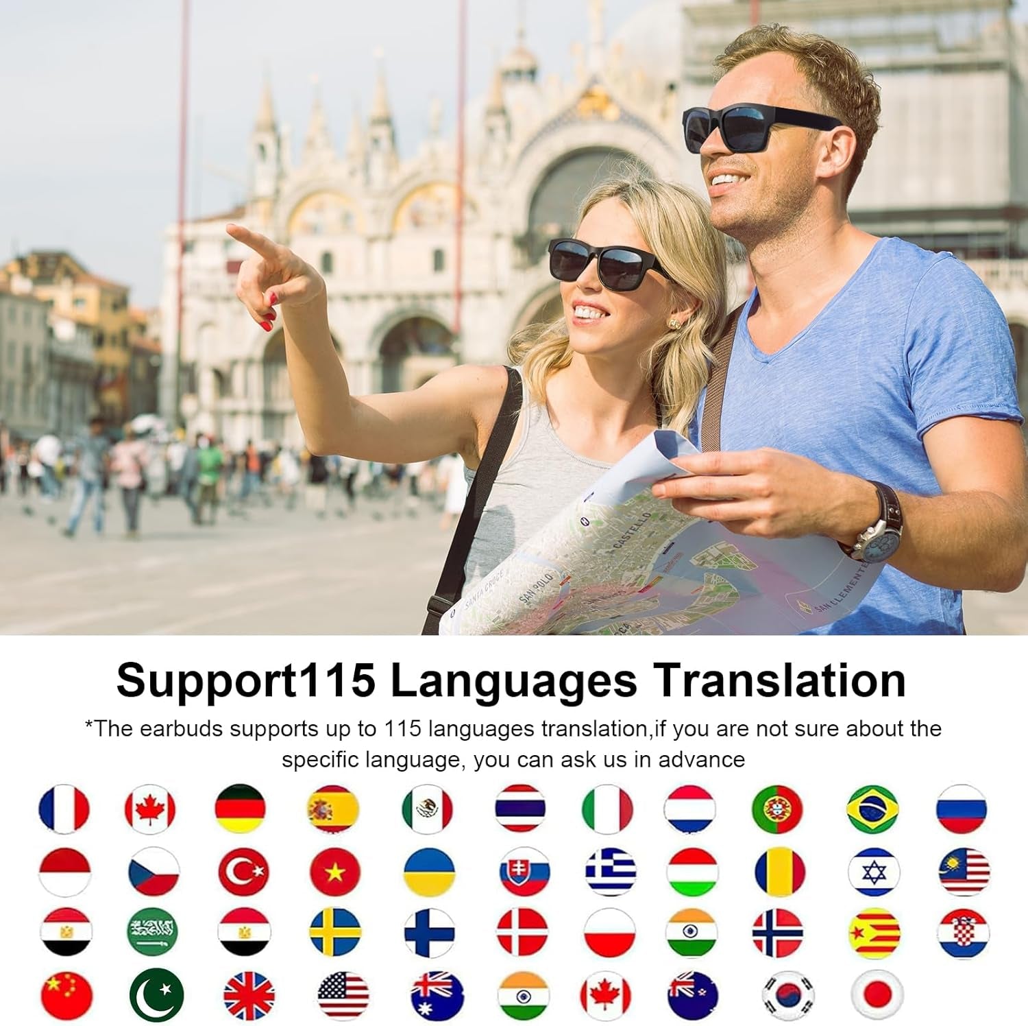 AI Smart Glasses, AI Dialogue Voice Wake-Up, 115 Language Translation, Simultaneous Interpretation, On-Site Recording Translation, Use Mobile App Audio and Video Translation, Conference Translation