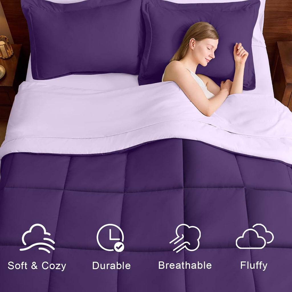 FUANNA Queen Size Comforter Set 7 PCS, Reversible Bed in a Bag Queen with All Season Soft Comforter, Bedding Set Includes Comforter, Flat Sheet, Fitted Sheet, Pillowcases & Shams, Deep Purple/Lavender