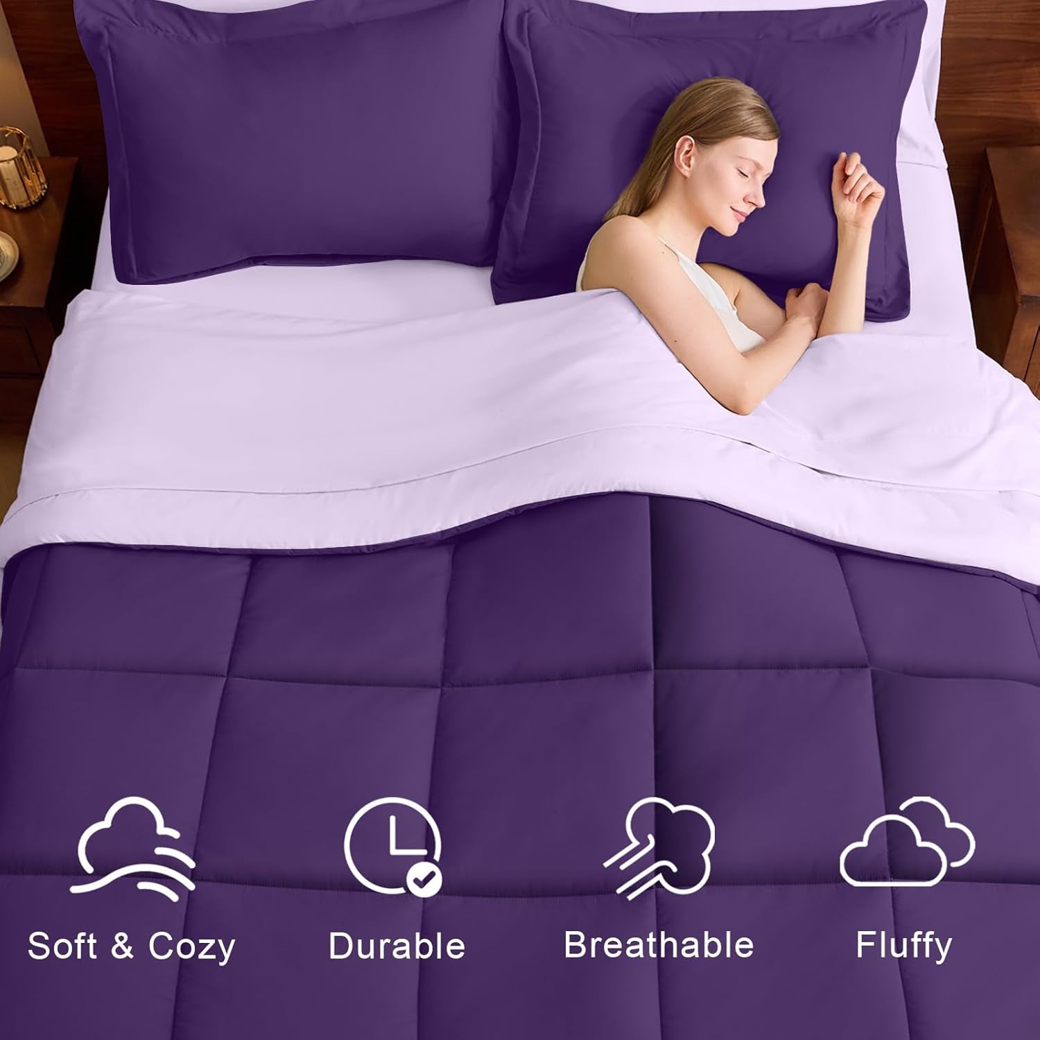 FUANNA Queen Size Comforter Set 7 PCS, Reversible Bed in a Bag Queen with All Season Soft Comforter, Bedding Set Includes Comforter, Flat Sheet, Fitted Sheet, Pillowcases & Shams, Deep Purple/Lavender