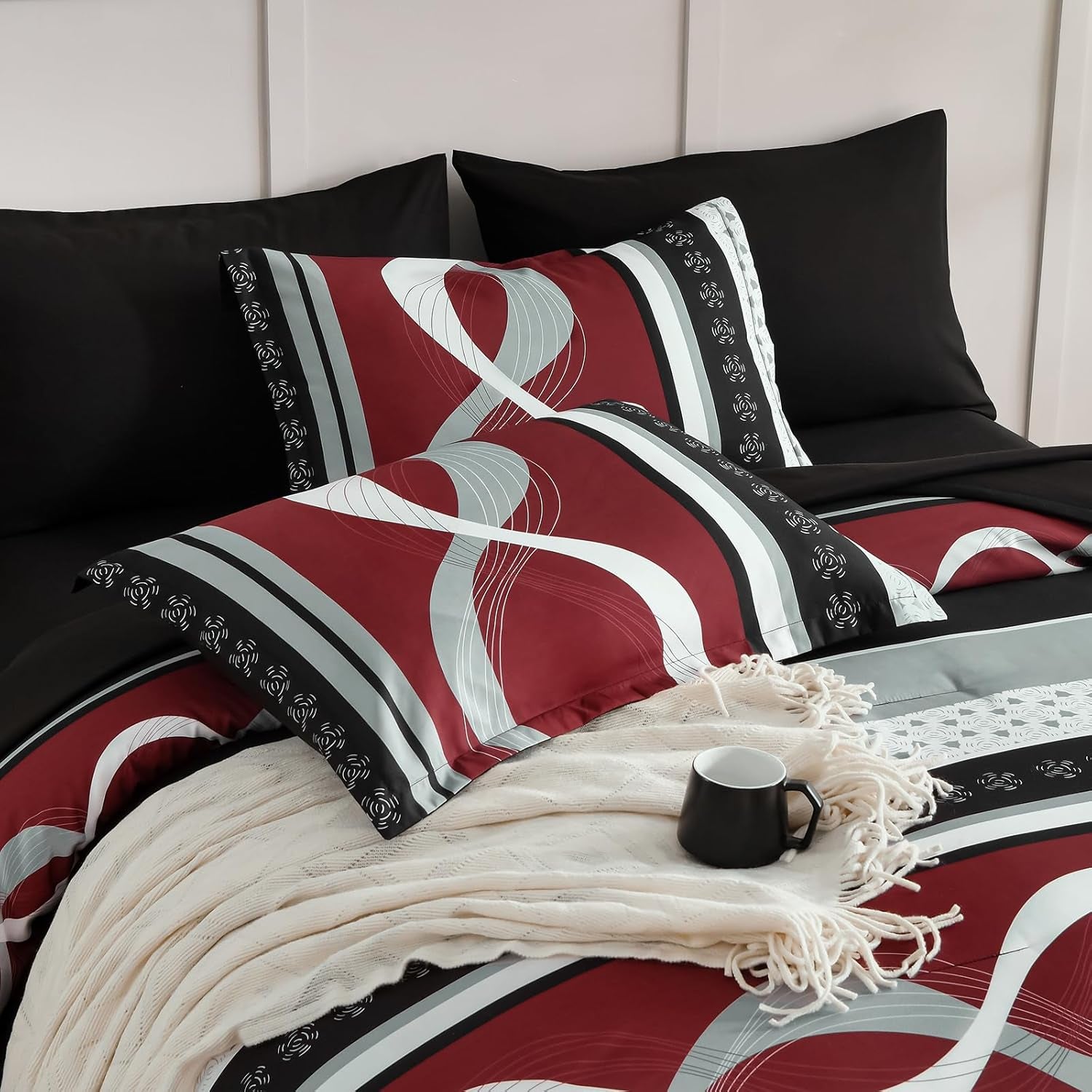 Anibedding Burgundy Comforter Set King Size,8 Pieces Bed in a Bag Patchwork Striped Bedding Sets,Boho Soft Microfiber Bedding Set for All Season(104"×90")