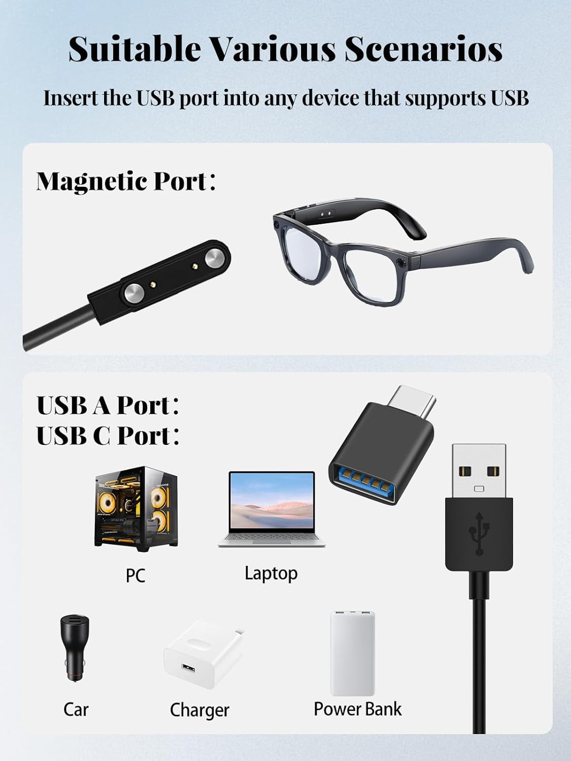 For Mingtawn W610 AI Smart Glasses Charger Cable, Magnetic USB a Fast Charging Cord with USB C Adapter (2 X Cable + 1 X Adapter)