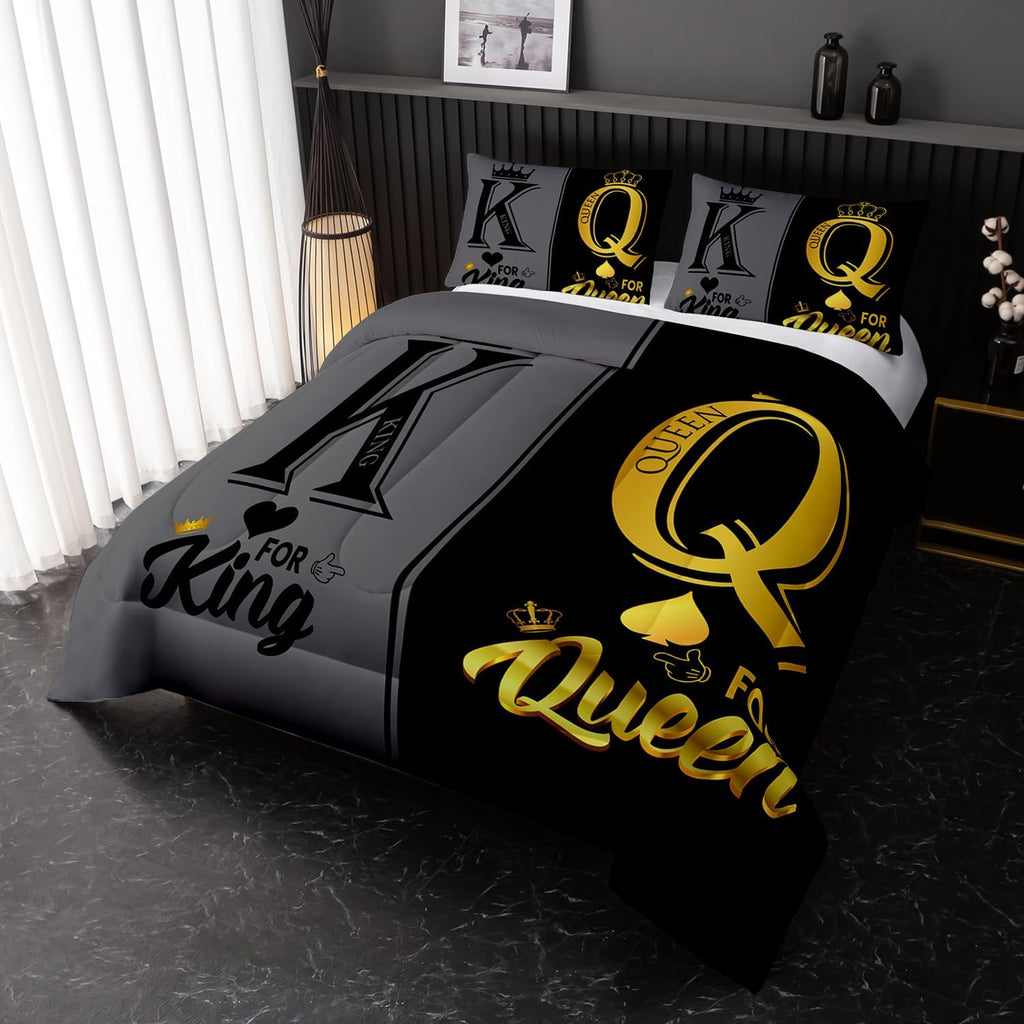 Nttopship King and Queen Crown Comforter Set Black and Gray Couple Bedding Set，3Pcs Mr Mrs Comforter Set for Adults Couple Men Women,His and Hers Quilt Set 2 Pillowcases Bedroom Decor King